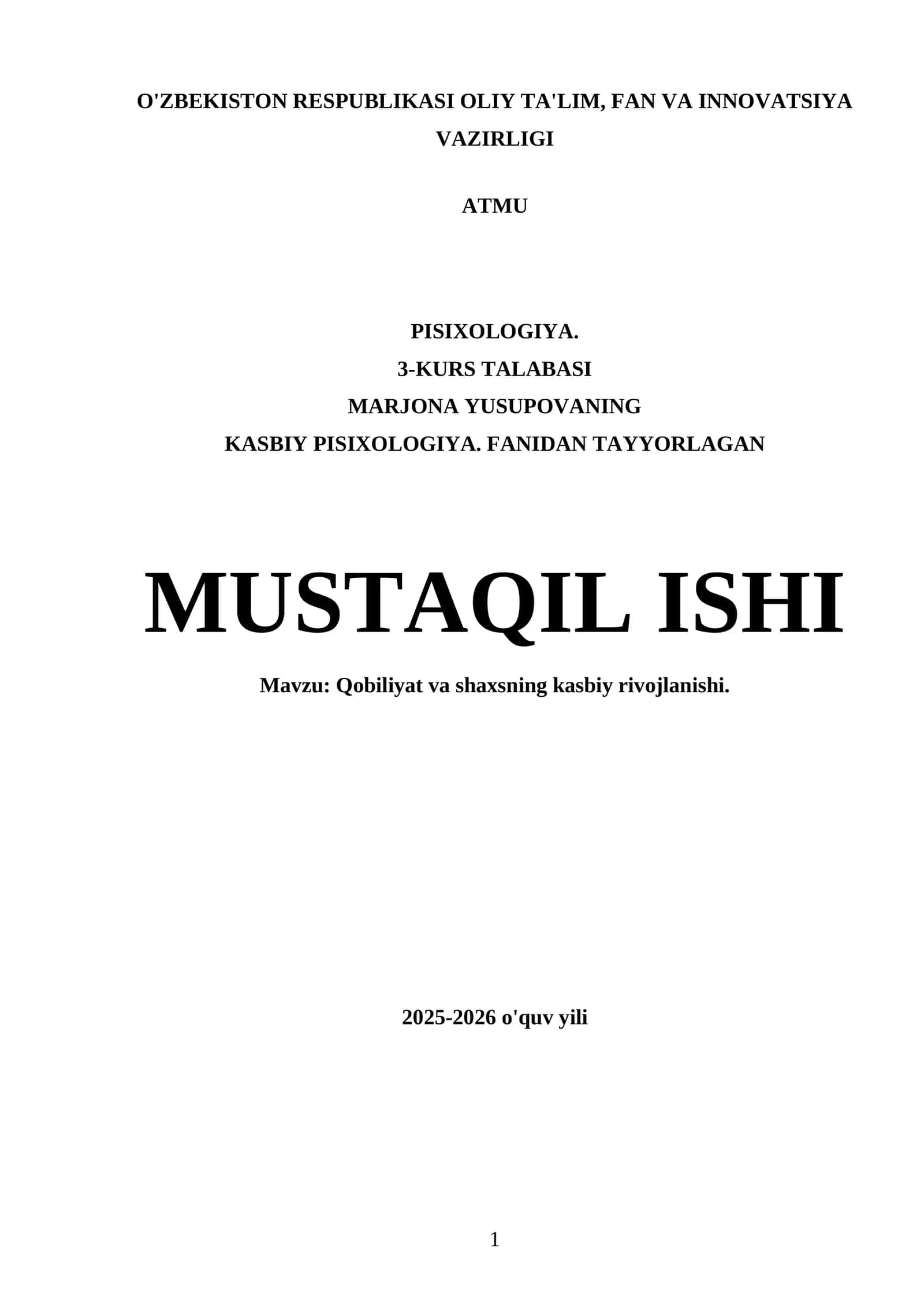 KASBIY PISIXOLOGIYA. FANIDAN TAYYORLAGAN MUSTAQIL ISHI