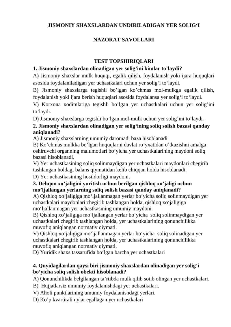 Jismoniy Shaxslardan Undiriladigan Yer Solig‘i