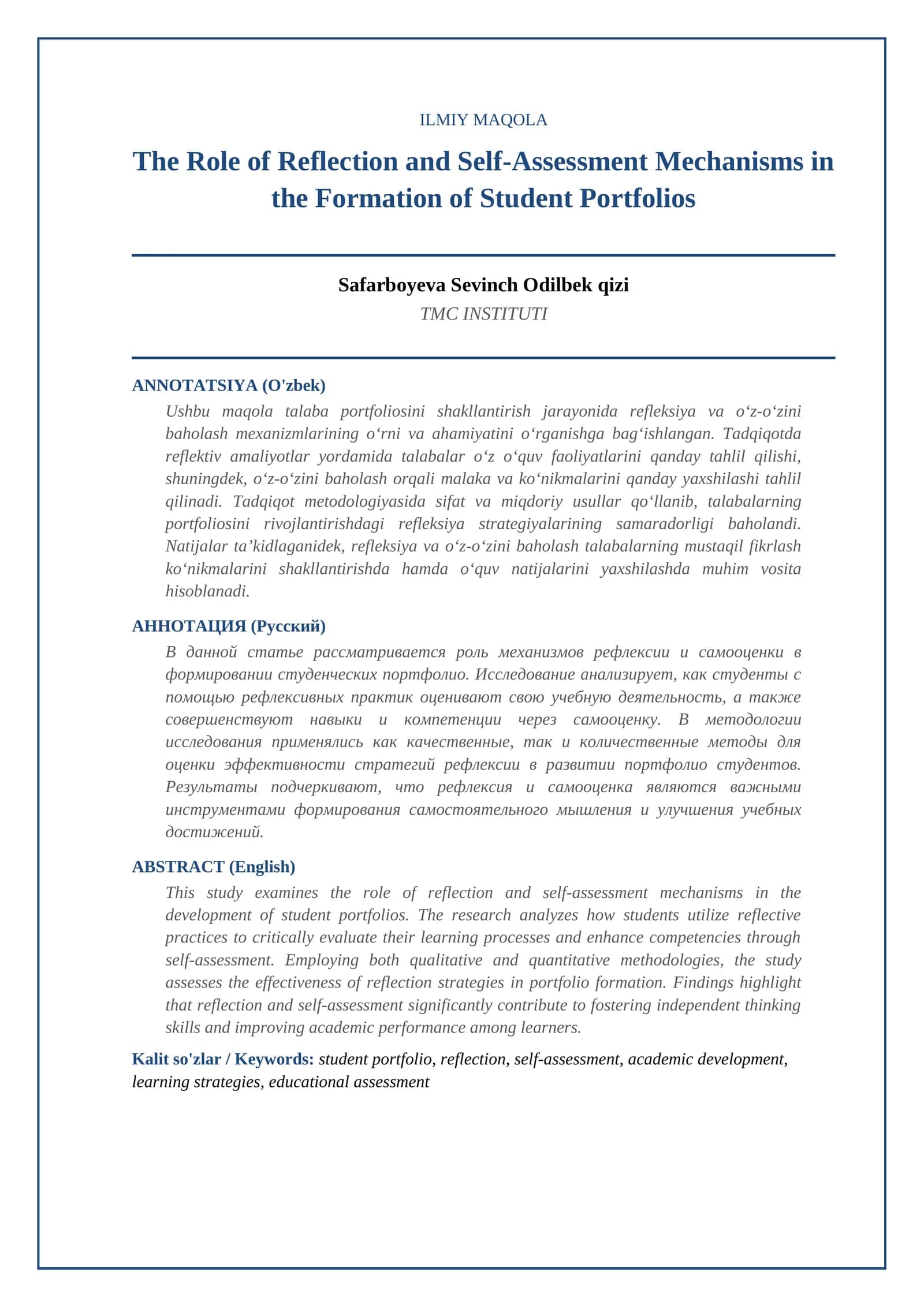 The Role of Reflection and Self-Assessment Mechanisms in the Formation of Student Portfolios