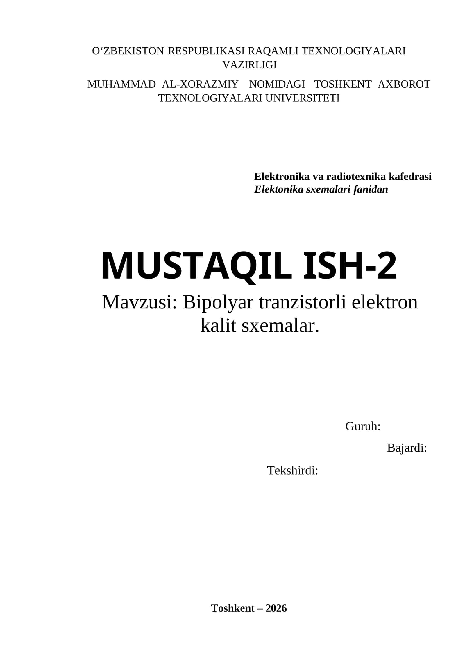 Bipolyar tranzistorli elektron kalit sxemalar.