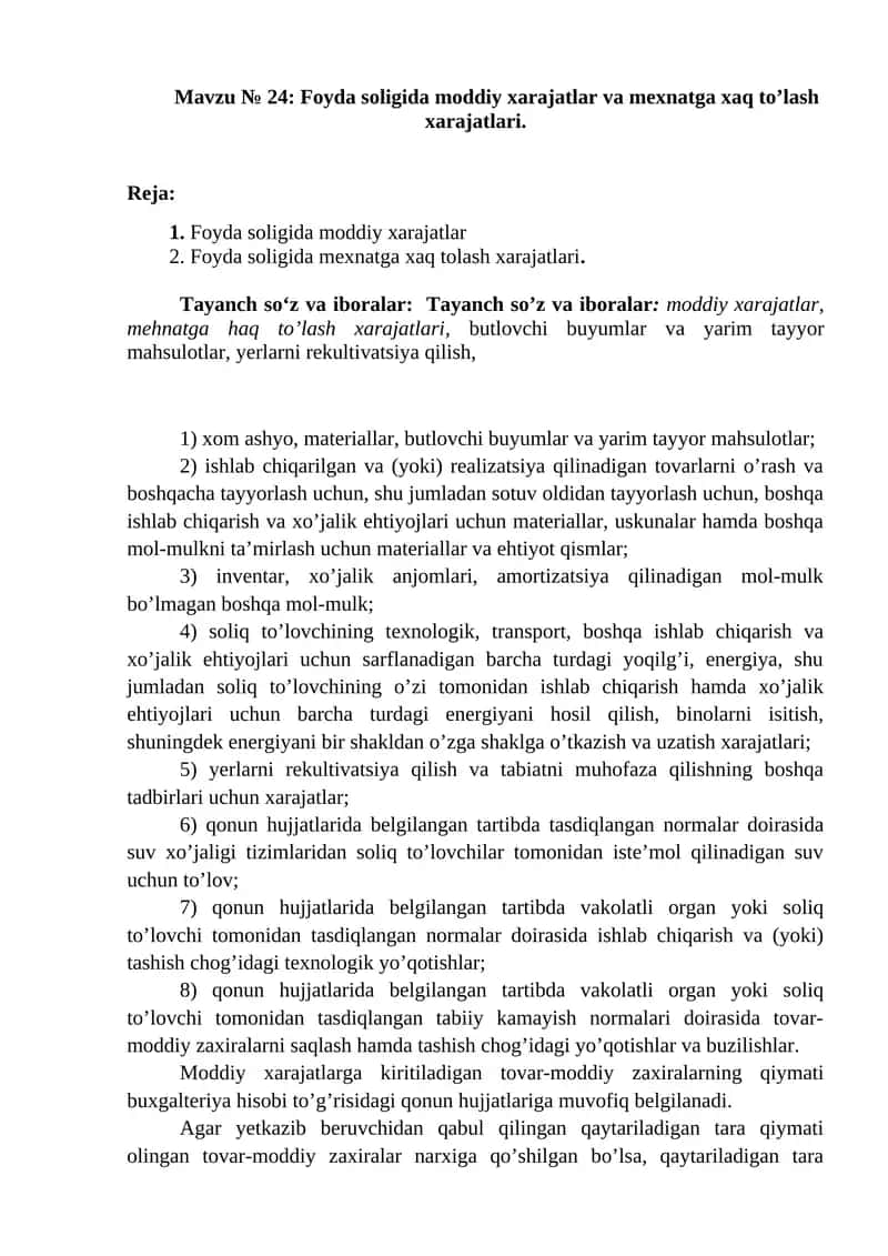 Foyda soligida moddiy xarajatlar va mexnatga xaq to’lash xarajatlari