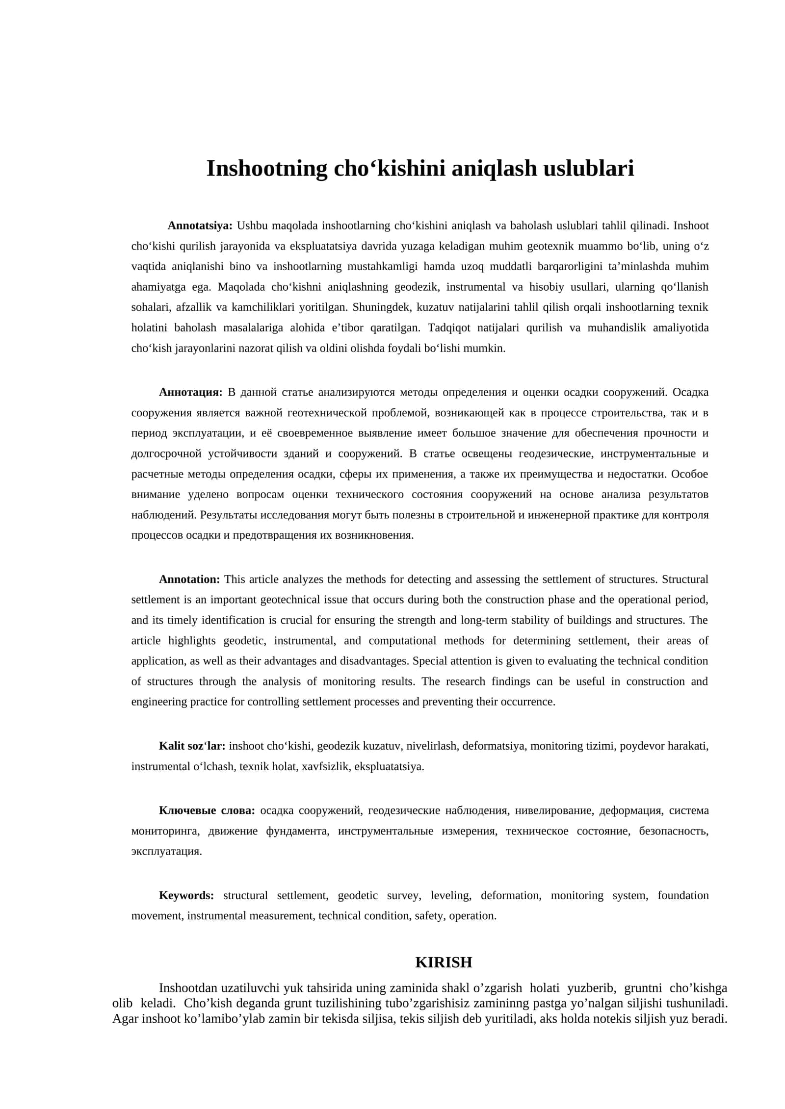 Inshootning cho‘kishini aniqlash uslublari