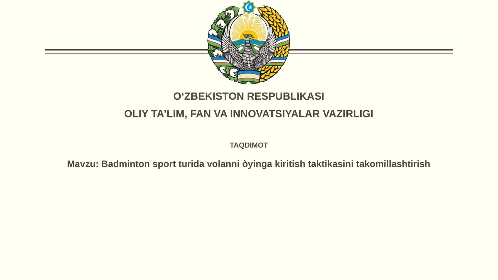 Badminton sport turida davolanni oʻyinga kiritish taktikasini takomillashtirish
