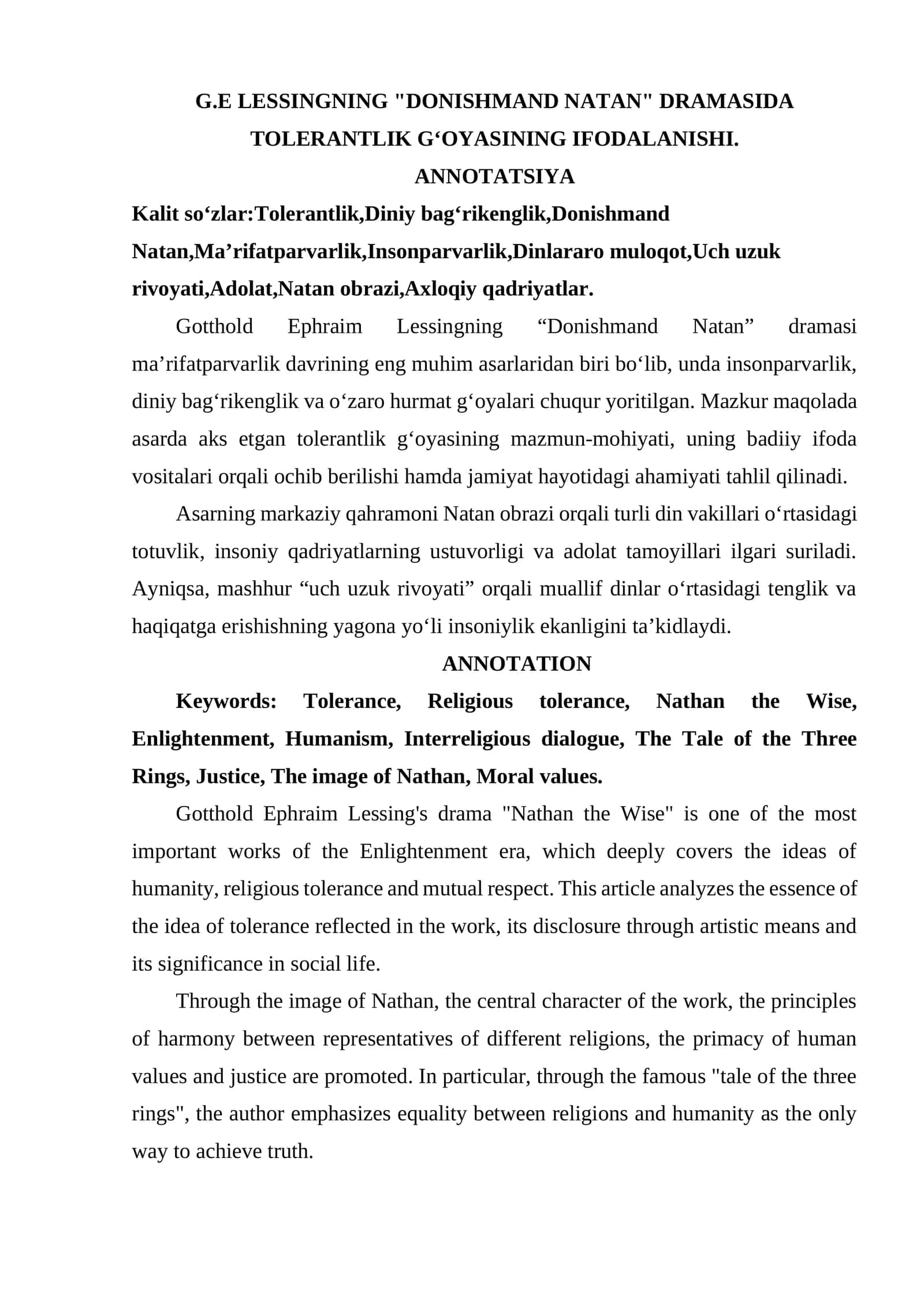 G.E LESSINGNING "DONISHMAND NATAN" DRAMASIDA TOLERANTLIK GʻOYASINING IFODALANISHI.