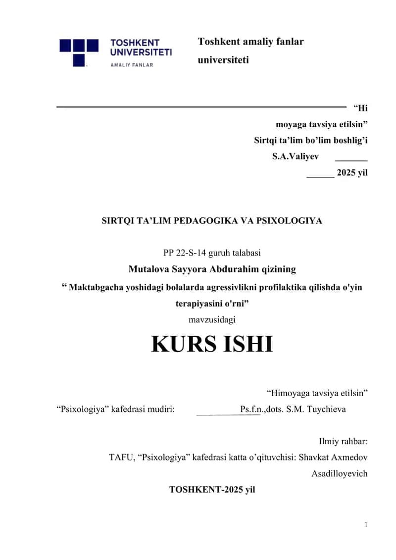 Maktabgacha yoshidagi bolalarda agressivlikni profilaktika qilishda o'yin terapiyasini o'rni
