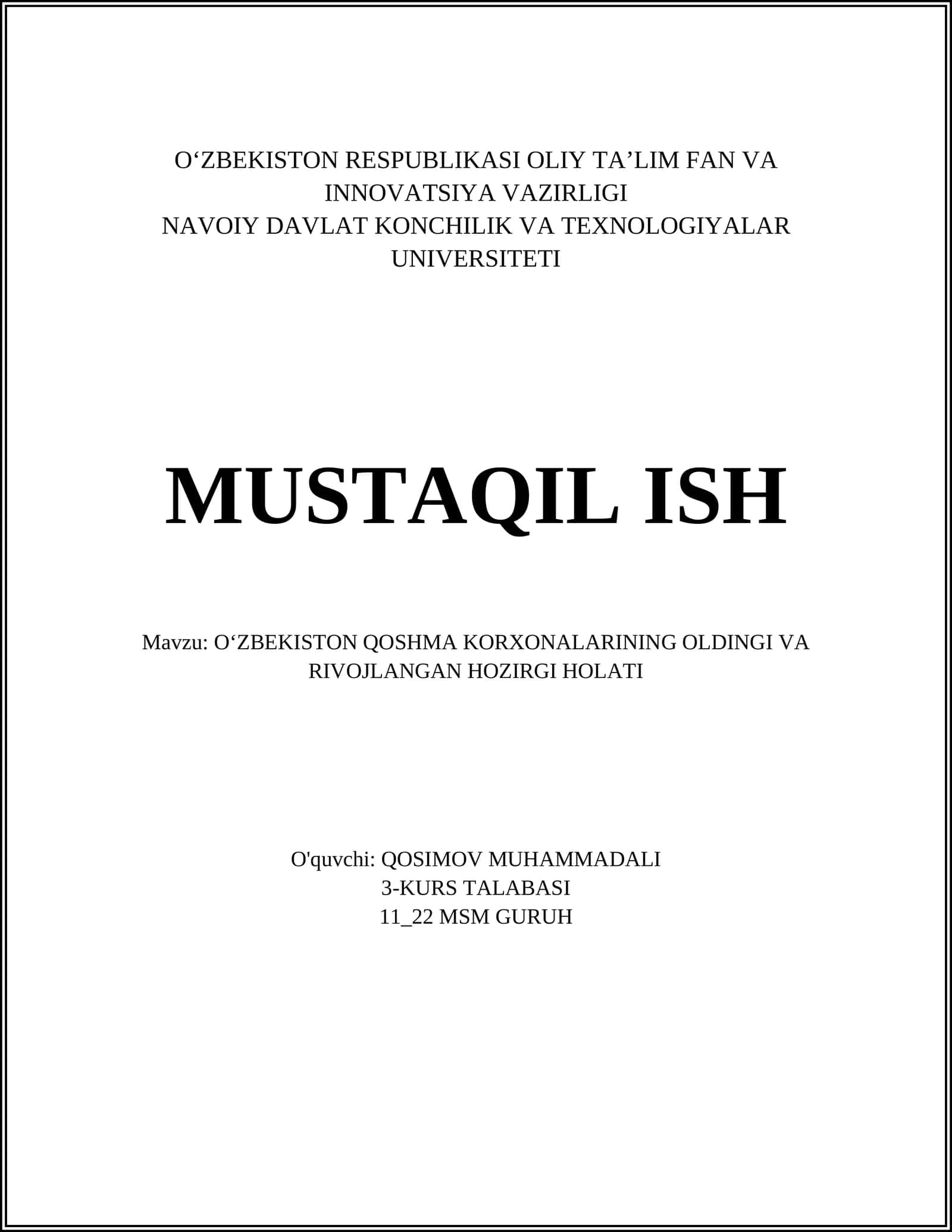 O'ZBEKISTON QOSHMA KORXONALARINING OLDINGI VA RIVOJLANGAN HOZIRGI HOLATI
