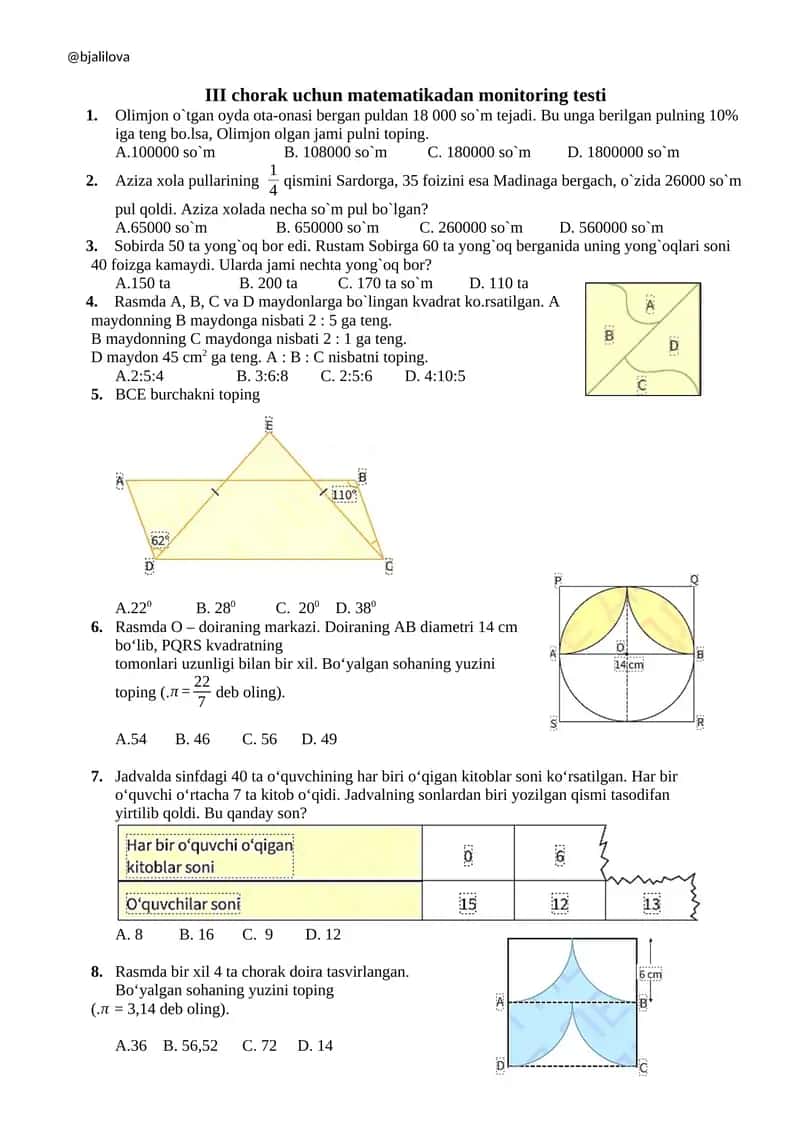 III chorak uchun matematikadan monitoring testi