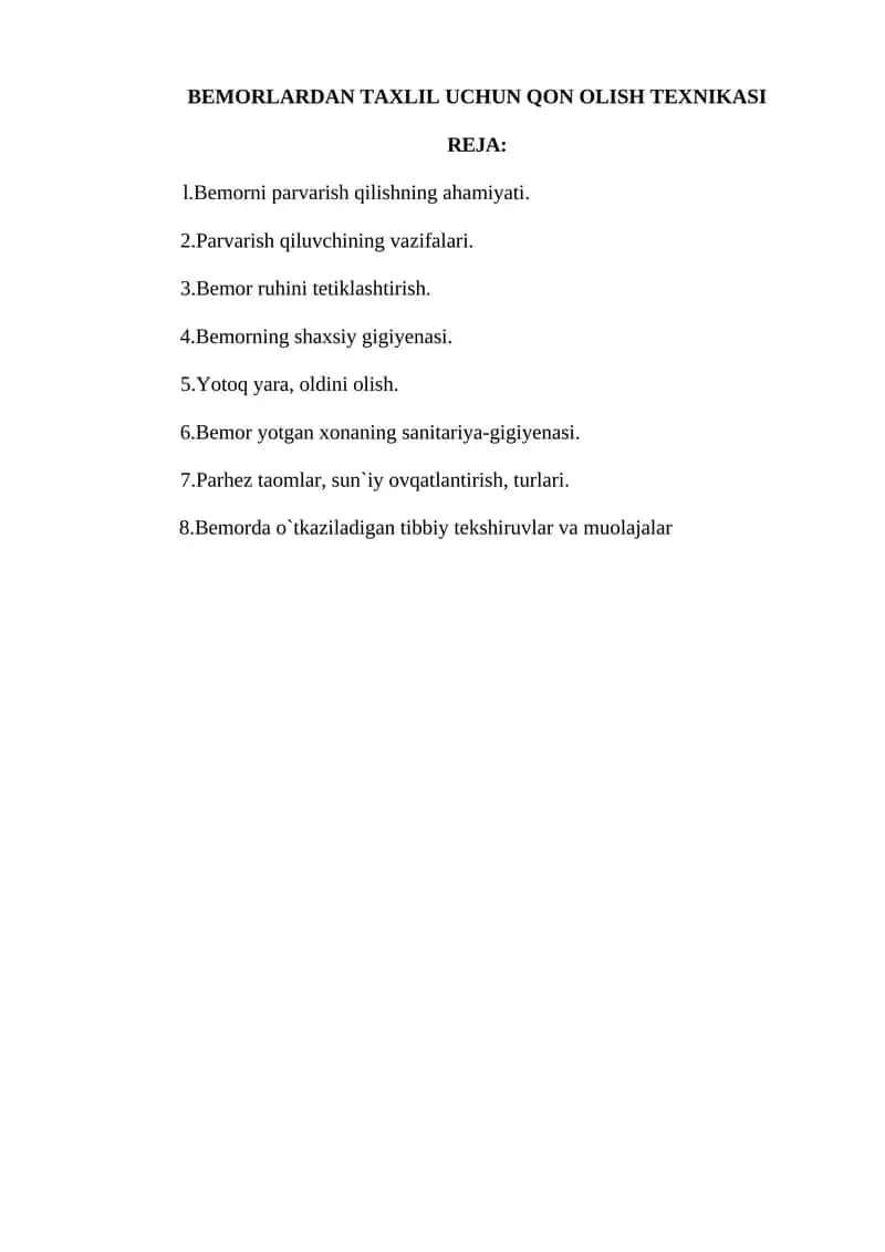 Bemorlardan taxlil uchun qon olish texnikasi