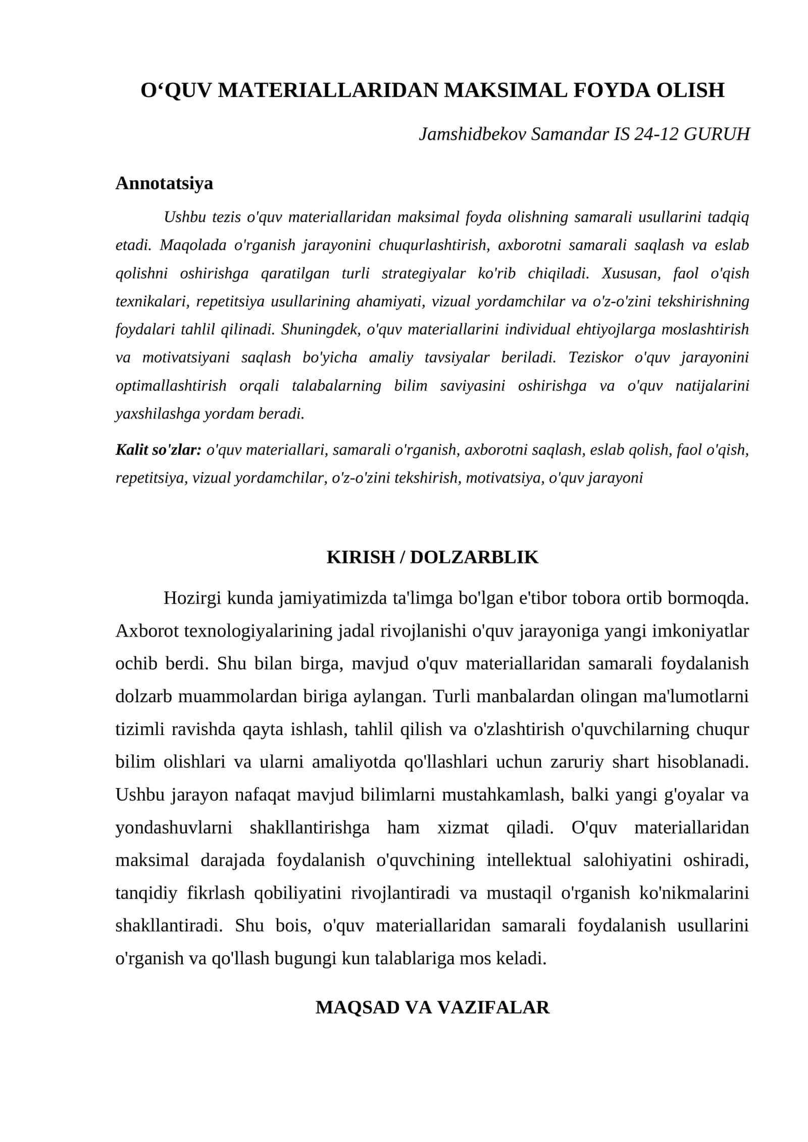 OʻQUV MATERIALLARIDAN MAKSIMAL FOYDA OLISH
