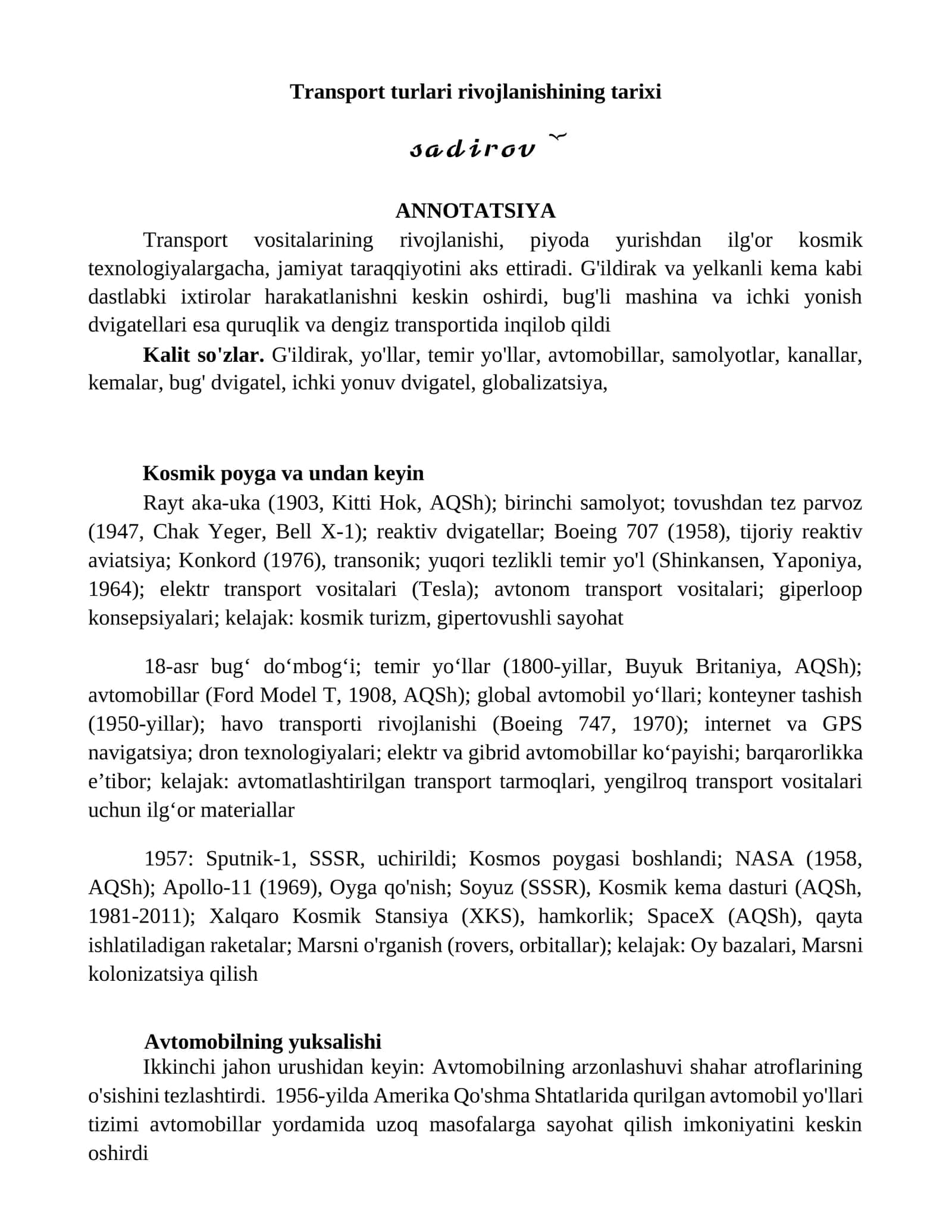 Transport turlari rivojlanishining tarixi