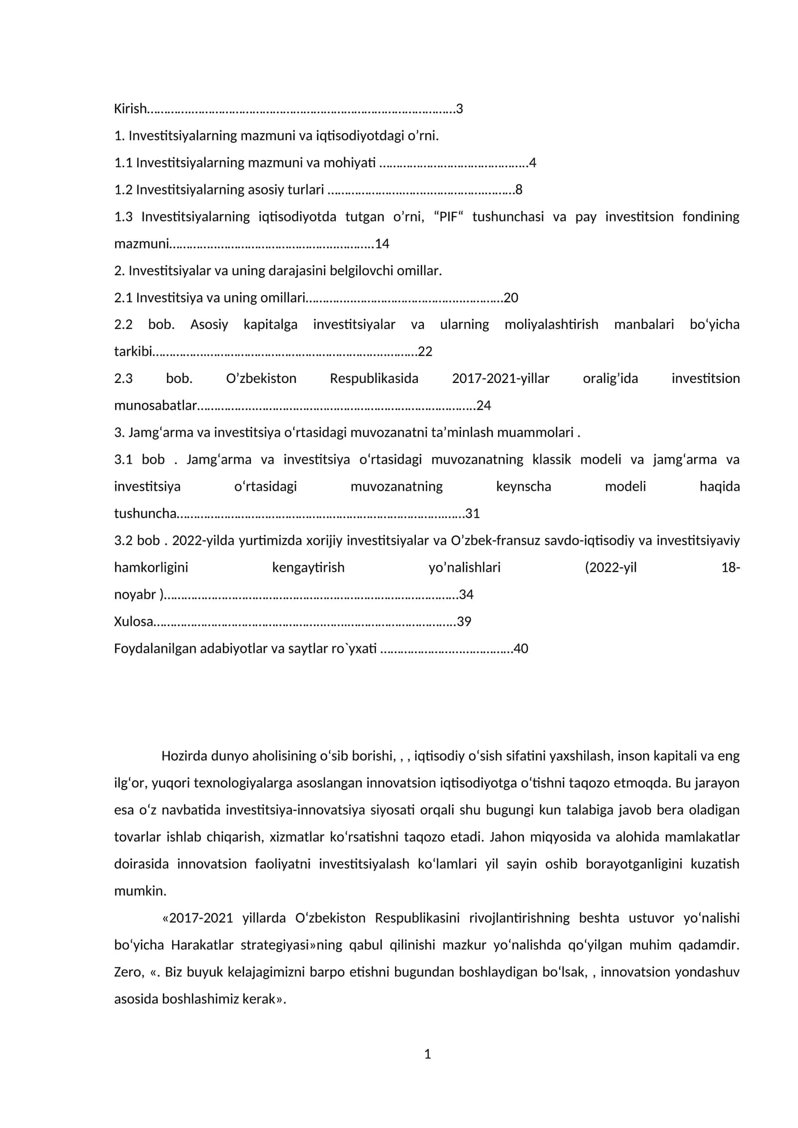Investitsiyalar va uning darajasini belgilovchi omillar