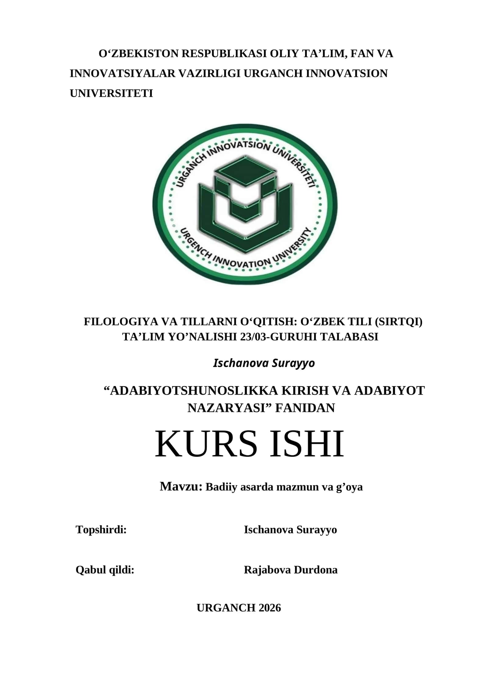 “ADABIYOTSHUNOSLIKKA KIRISH VA ADABIYOT NAZARYASI” KURS ISHI