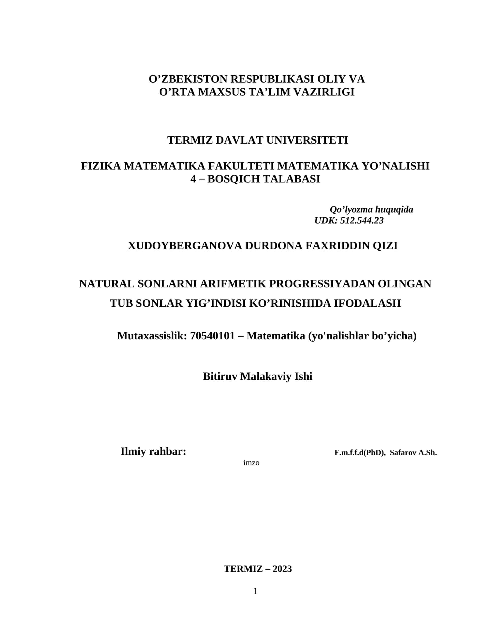 Natural sonlarni arifmetik progressiyadan olingan tub sonlar yig'indisi ko'rinishida ifodalash