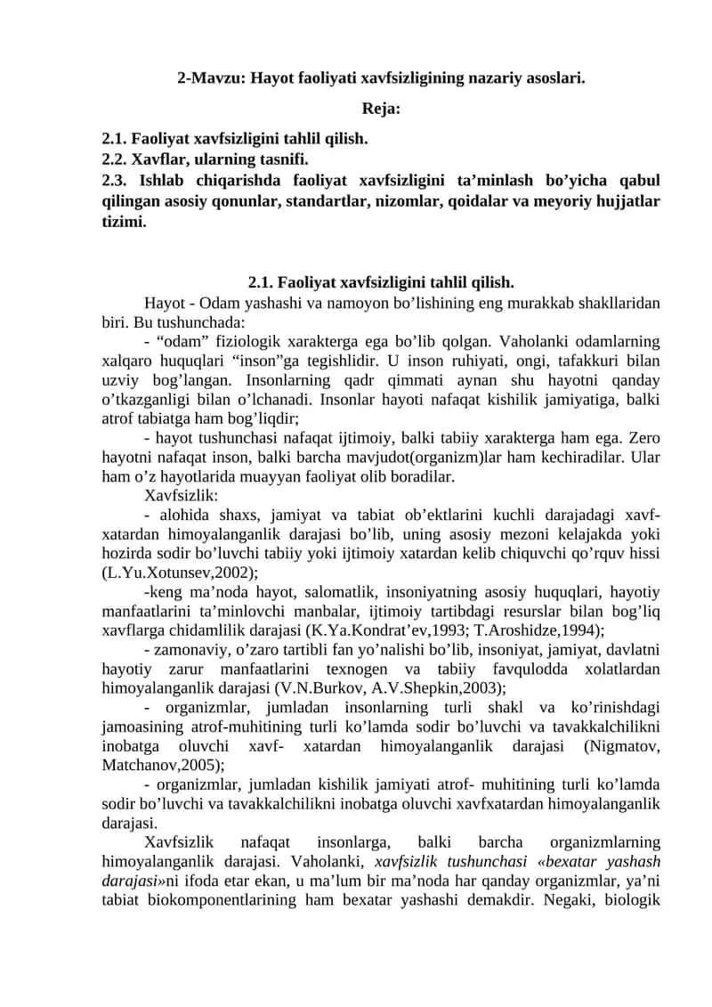 Hayot faoliyati xavfsizligining nazariy asoslari