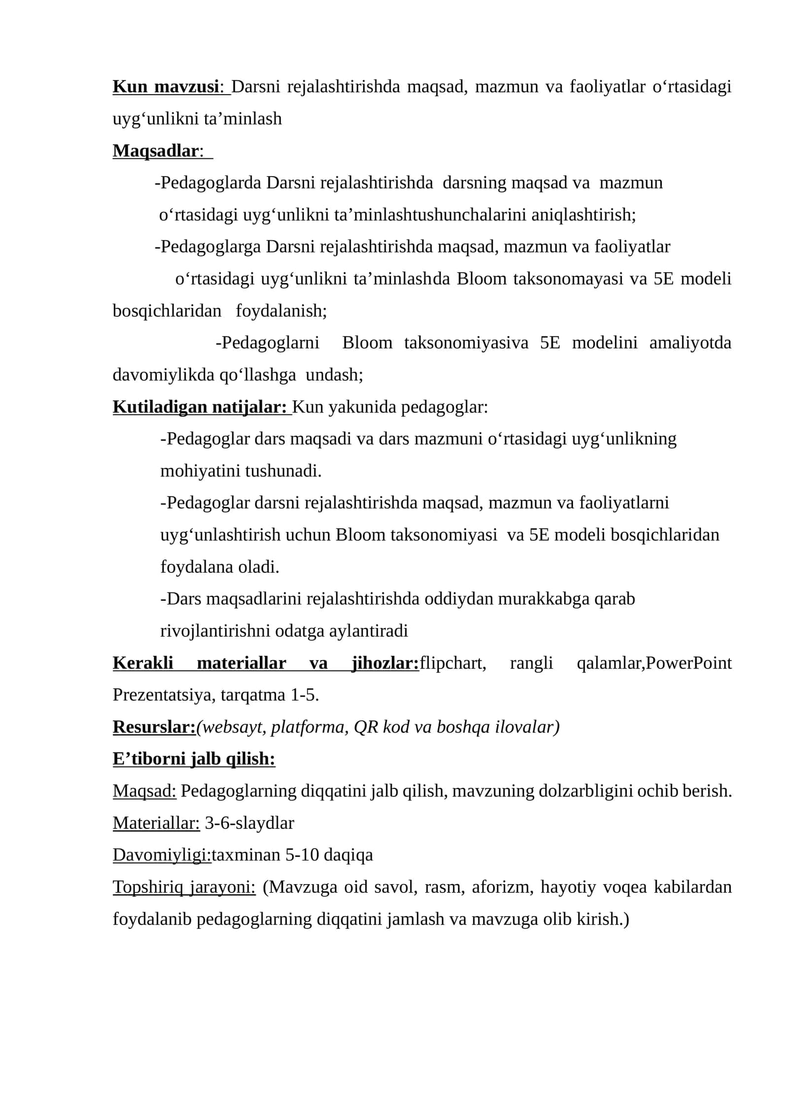 Darsni Rejalashtirishda Maqsad