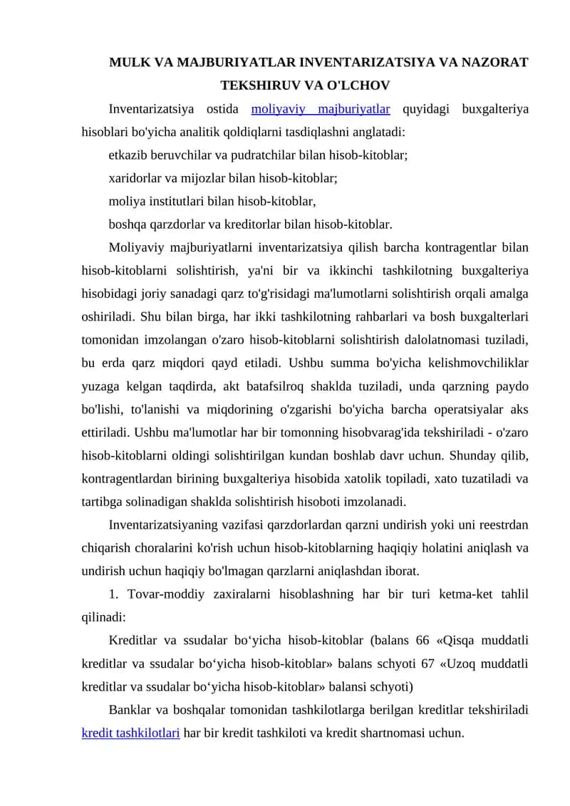 MULK VA MAJBURIYATLAR INVENTARIZATSIYA VA NAZORAT TEKSHIRUV VA O'LCHOV