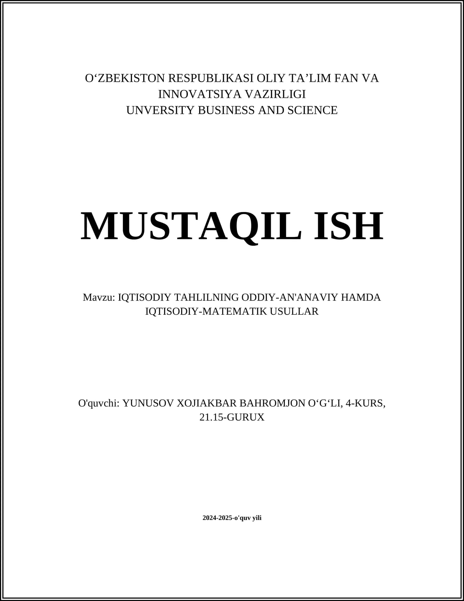 IQTISODIY TAHLILNING ODDIY-AN'ANAVIY HAMDA IQTISODIY-MATEMATIK USULLAR