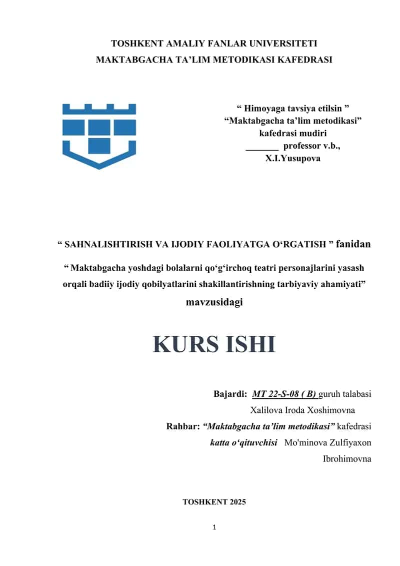 Maktabgacha yoshdagi bolalarni qoʻgʻirchoq teatri personajlarini yasash orqali badiiy ijodiy qobilyatlarini shakillantirishning tarbiyaviy ahamiyati