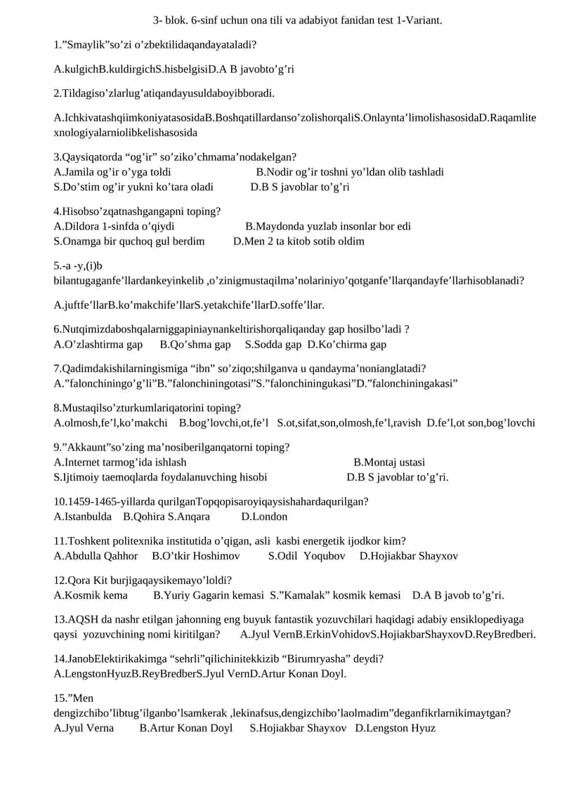 3- blok. 6-sinf uchun ona tili va adabiyot fanidan test 1-Variant