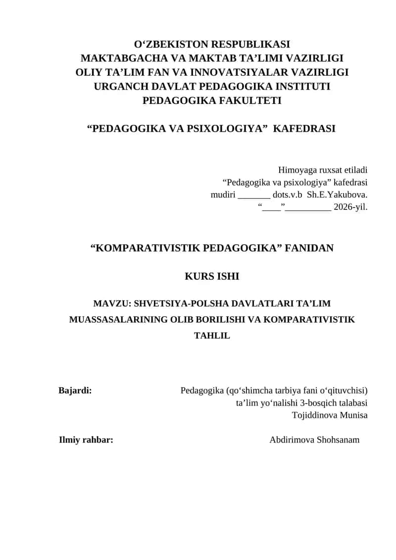 SHVETSIYA-POLSHA DAVLATLARI TA’LIM MUASSASALARINING OLIB BORILISHI VA KOM