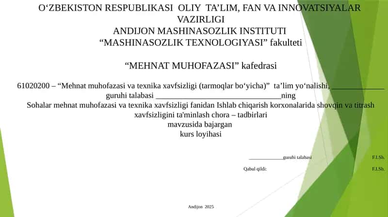 Ishlabchiqarish korxonalaridashovqinvatitrashxavfsizliginita'minlashchora–tadbirlari mavzusidabajargan kursloyihasi