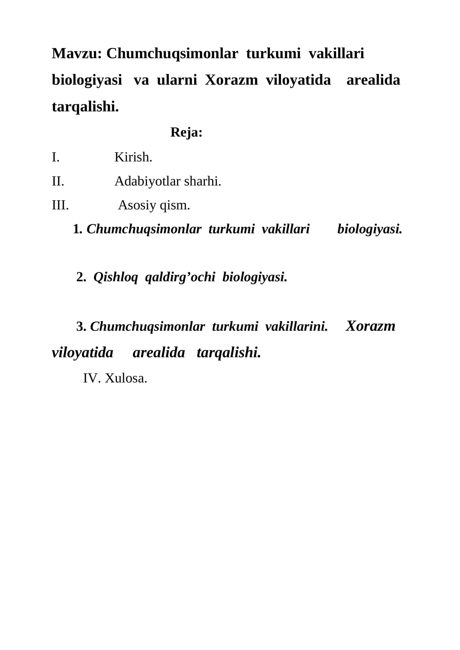 Chumchuqsimonlar turkumi vakillari biologiyasi va ularni Xorazm viloyatida arealida tarqalishi