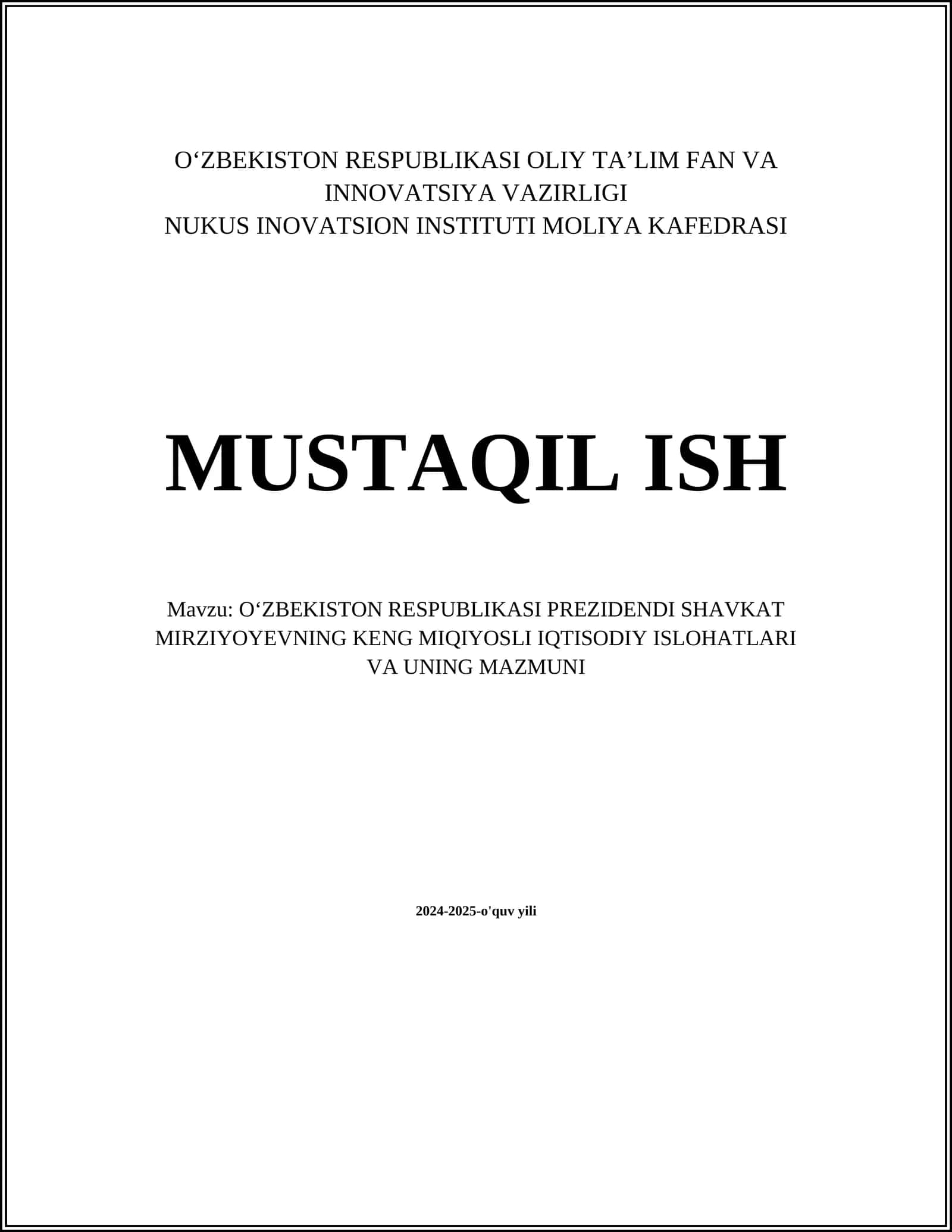 O‘ZBEKISTON RESPUBLIKASI PREZIDENDI SHAVKAT MIRZIYOYEVNING KENG MIQIYOSLI IQTISODIY ISLOHATLARI VA UNING MAZMUNI