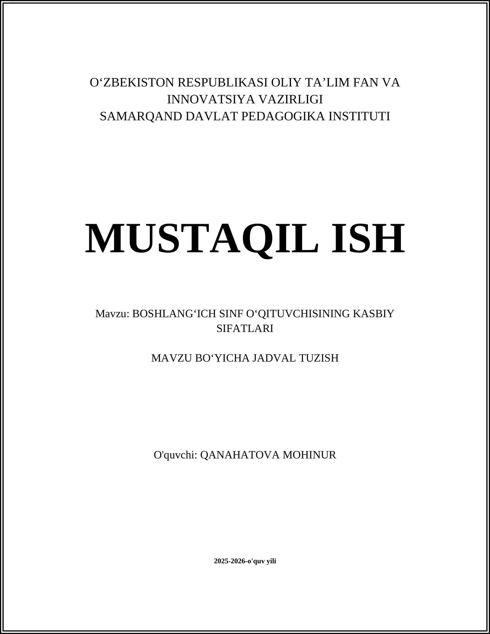 Boshlang‘ich Sinf Oʻqituvchisining Kasbiy Sifatlari