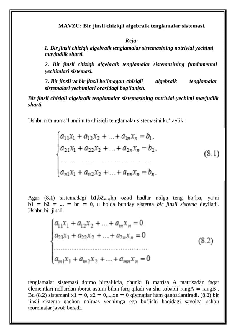 Bir jinsli chiziqli algebraik tenglamalar sistemasi.