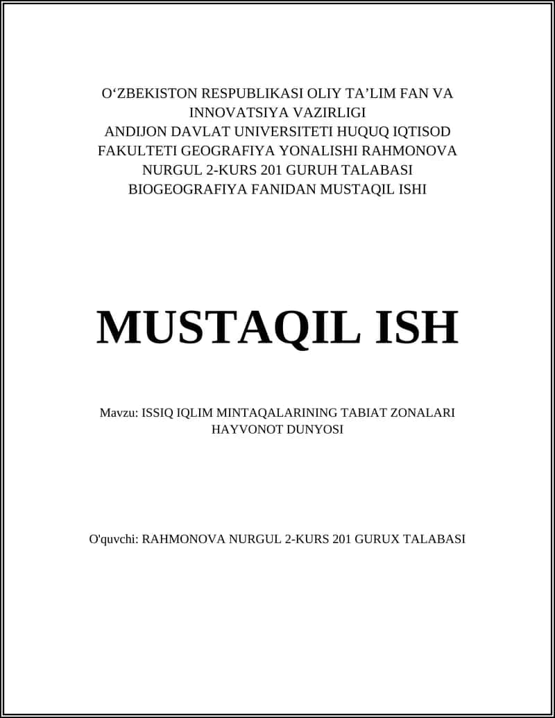 ISSIQ IQLIM MINTAQALARINING TABIAT ZONALARI HAYVONOT DUNYOSI