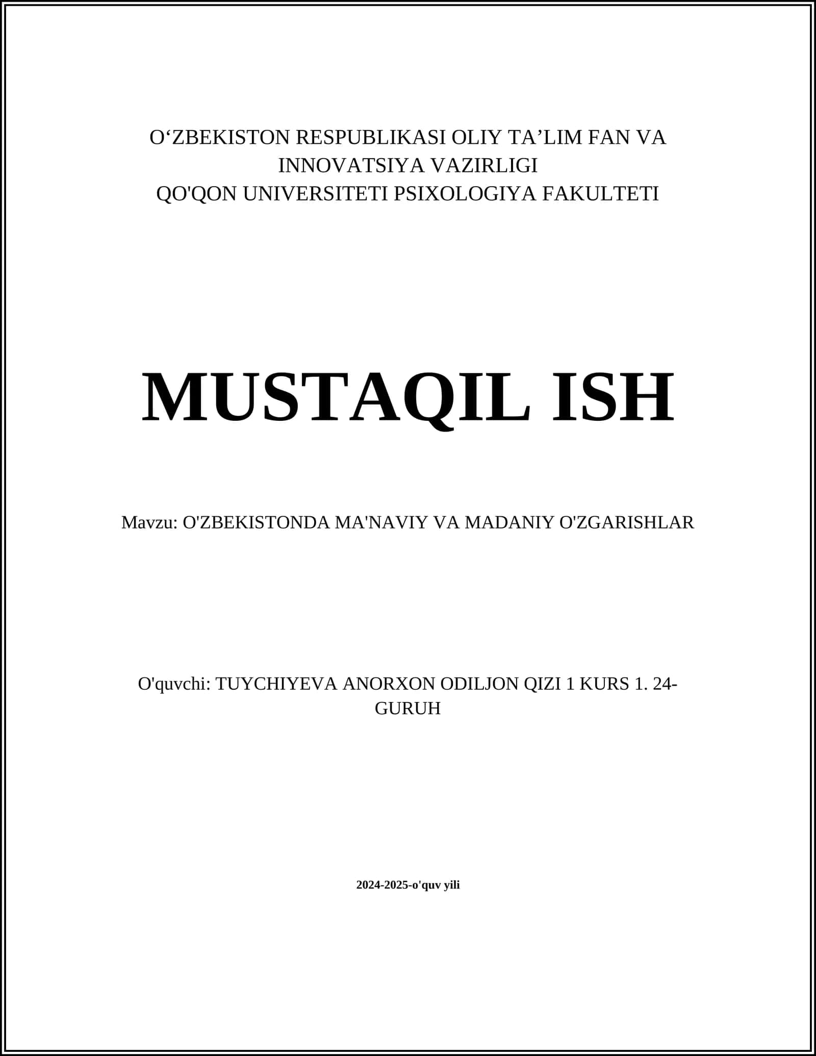O'zbekistonda ma'naviy va madaniy o'zgarishlar