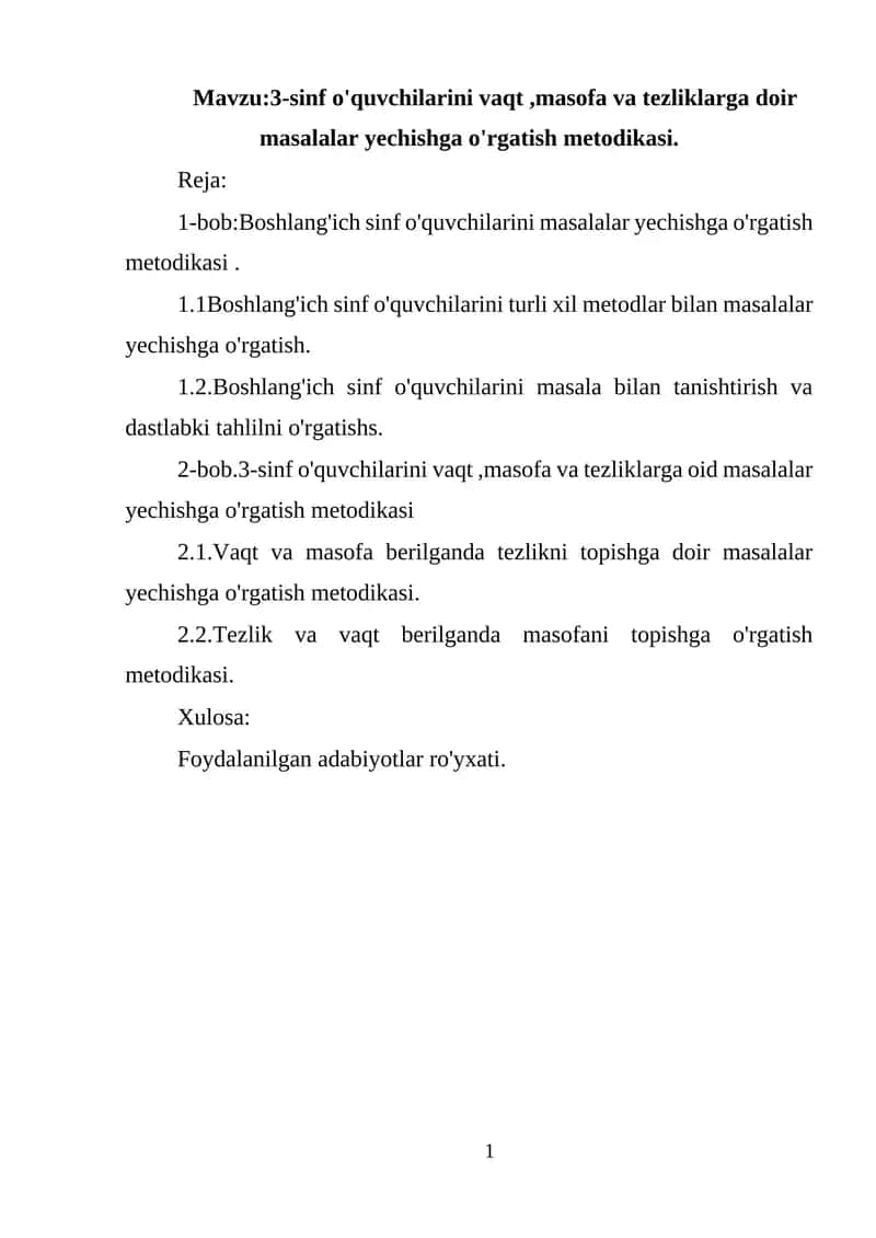 3-sinf o'quvchilarini vaqt, masofa va tezliklarga doir masalalar yechishga o'rgatish metodikasi