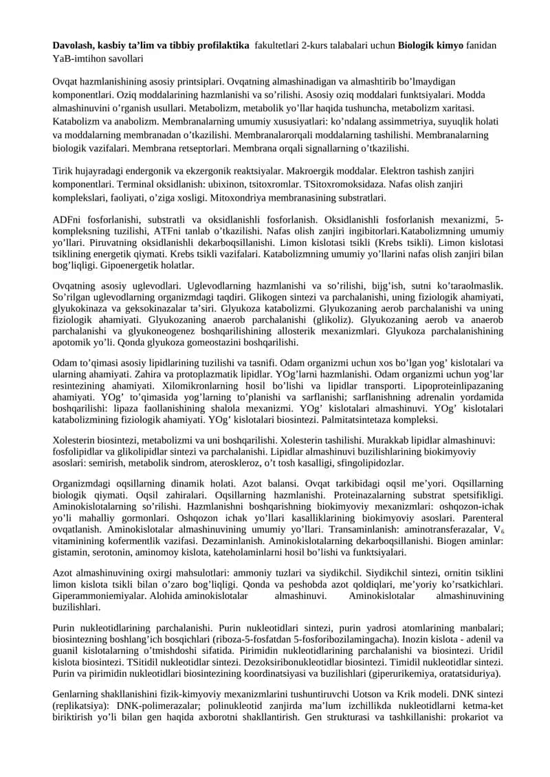 Biologik kimyo fanidan YaB-imtihon savollari