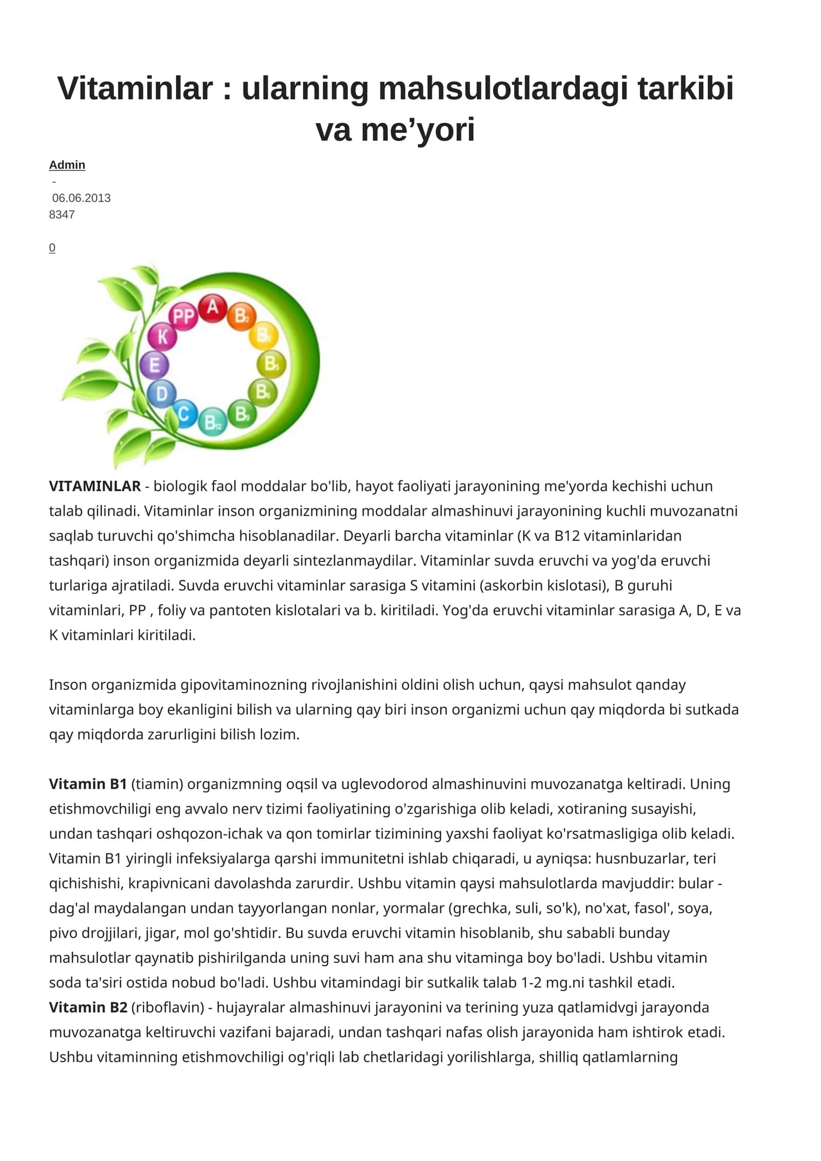 Vitaminlar: ularning mahsulotlardagi tarkibi va me’yori