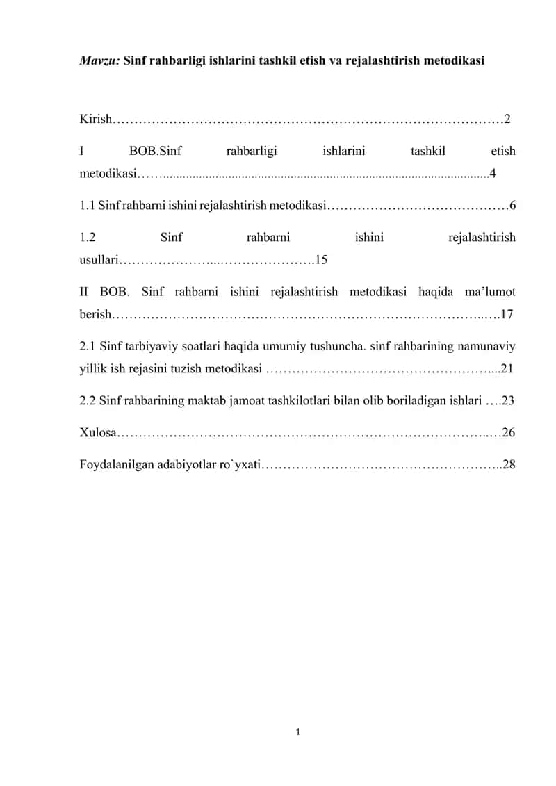Sinf rahbarligi ishlarini tashkil etish va rejalashtirish metodikasi