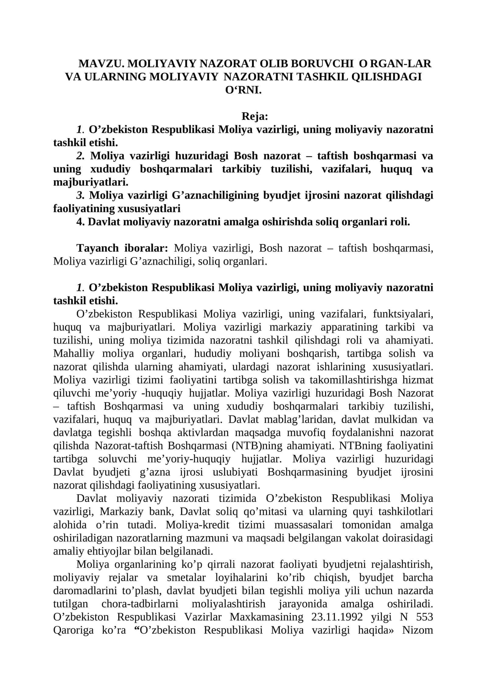 MOLIYAVIY NAZORAT OLIB BORUVCHI ORGAN-LAR VA ULARNING MOLIYAVIY NAZORATNI TASHKIL QILISHDAGI O‘RNI