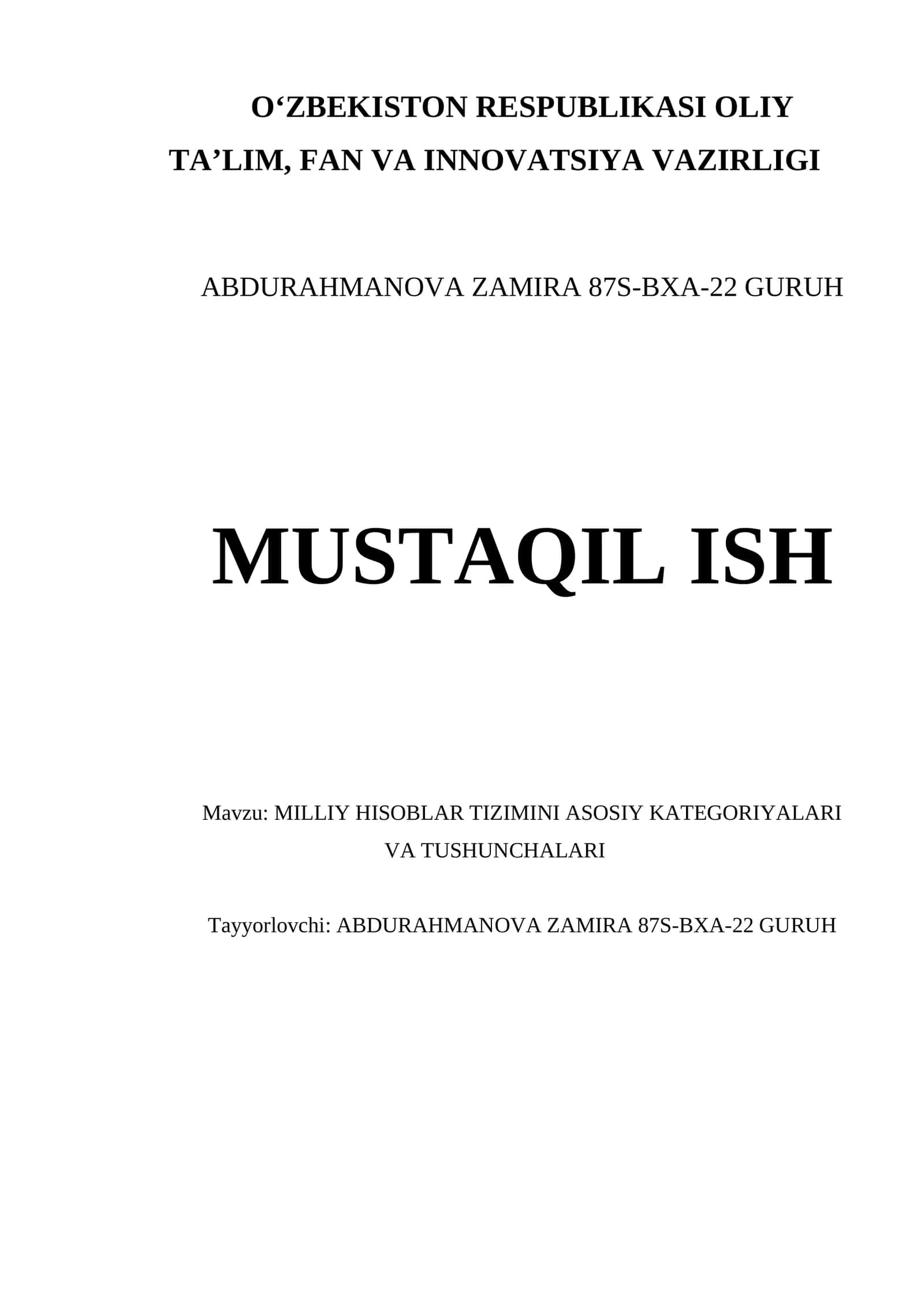 MILLIY HISOBLAR TIZIMINI ASOSIY KATEGORIYALARI VA TUSHUNCHALARI