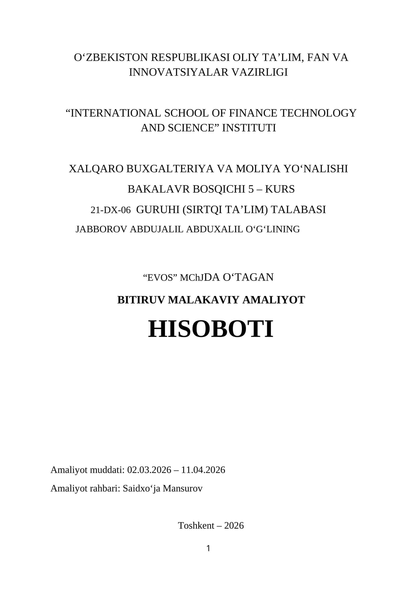 EVOS. BUXGALTERIYA BOLIMIDA. Bitiruv Malakaviy Amaliyot Hisoboti