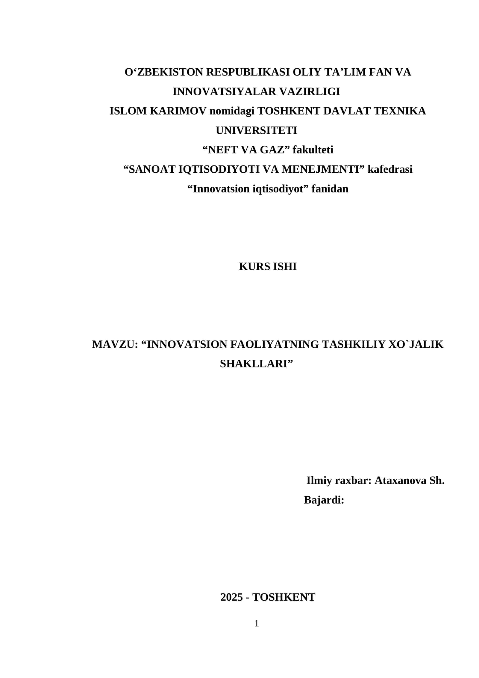 INNOVATSION FAOLIYATNING TASHKILIY XO`JALIK SHAKLLARI