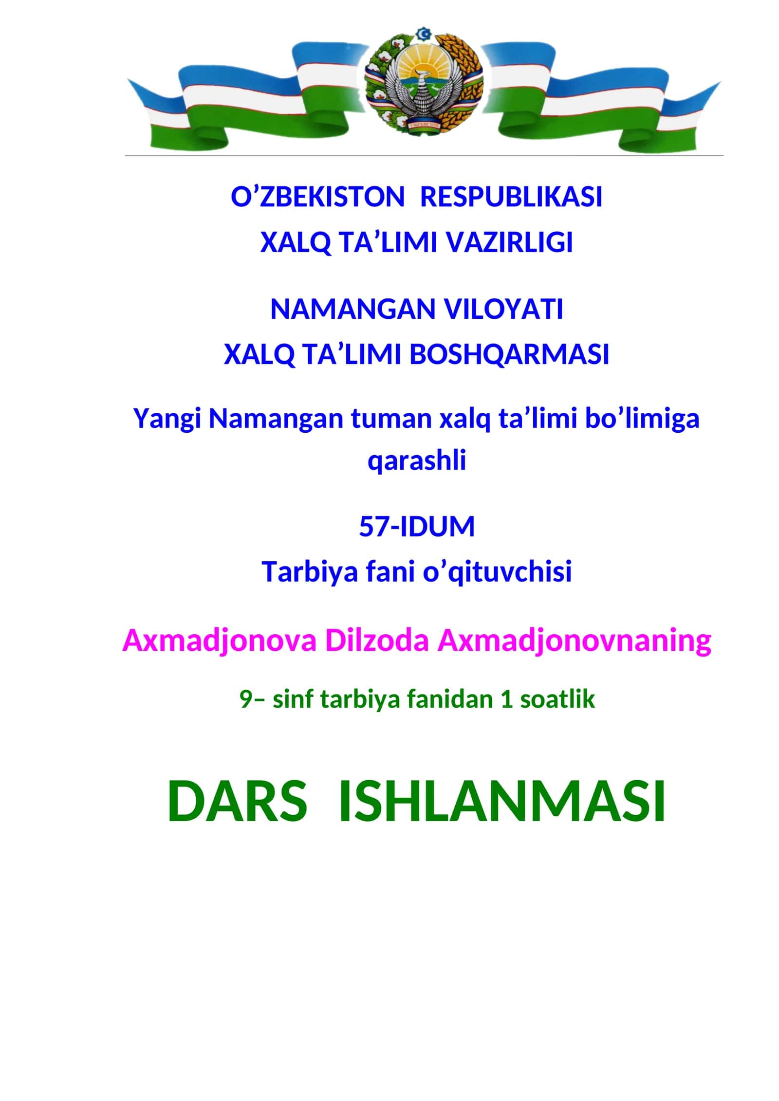 9-sinf Tarbiya fanidan Baxt oilada mavzusida ochiq dars ishlanma
