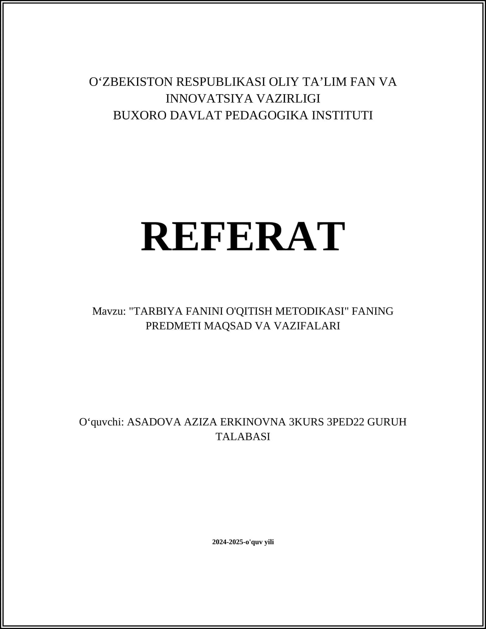TARBIYA FANINI O'QITISH METODIKASI