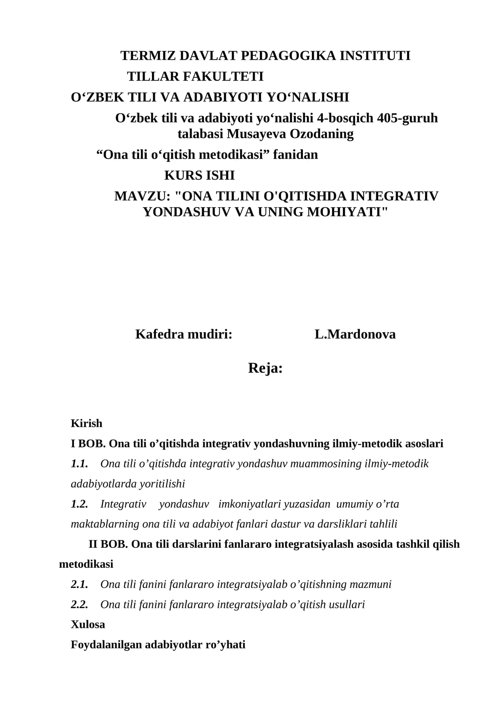 "ONA TILINI O'QITISHDA INTEGRATIV YONDASHUV VA UNING MOHIYATI"