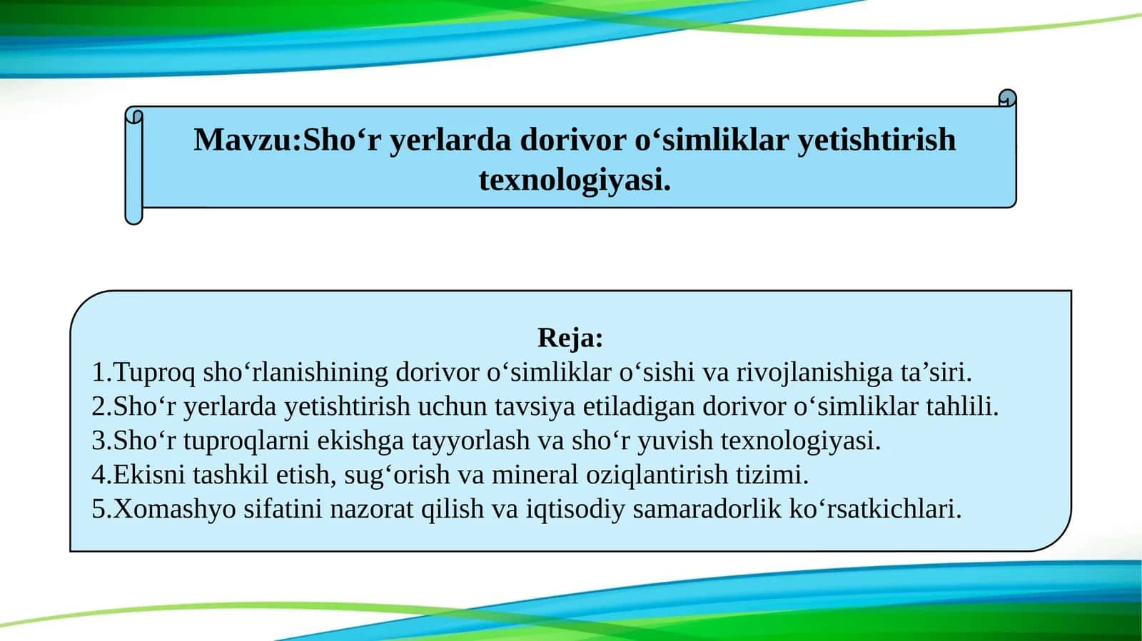 Shoʻr yerlarda dorivor oʻsimliklar yetishtirish texnologiyasi