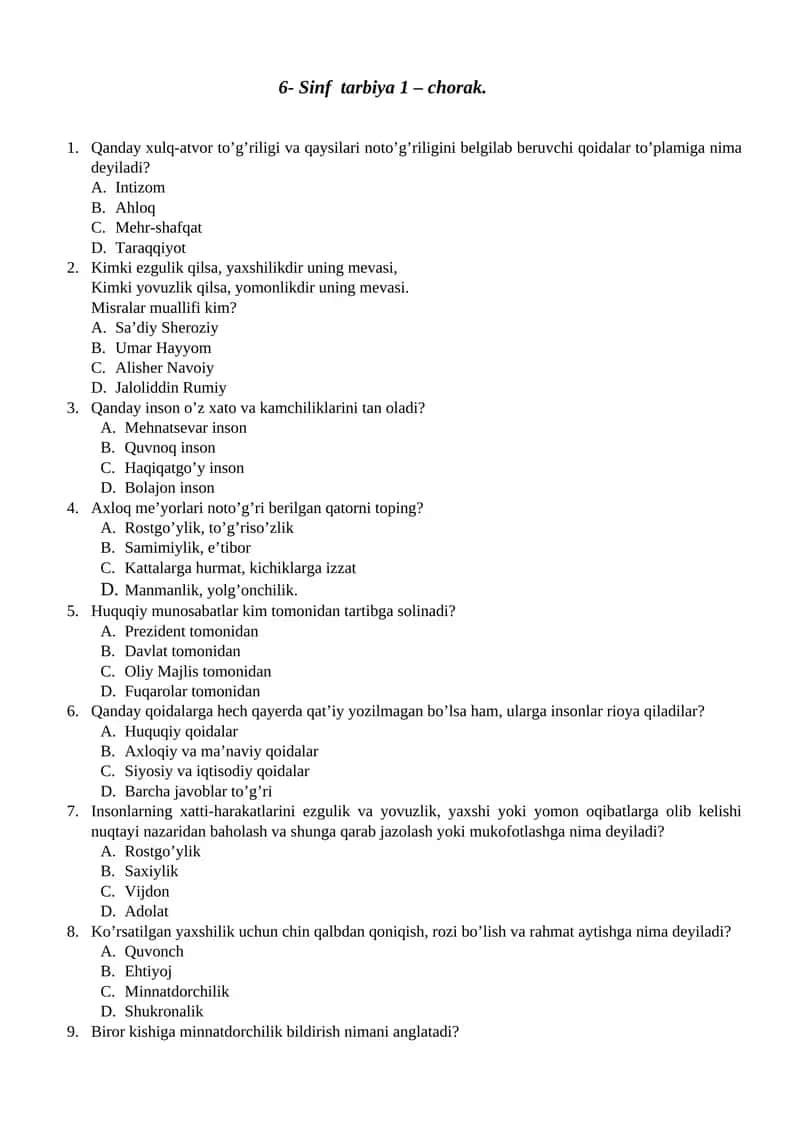 6- Sinf tarbiya 1 – chorak