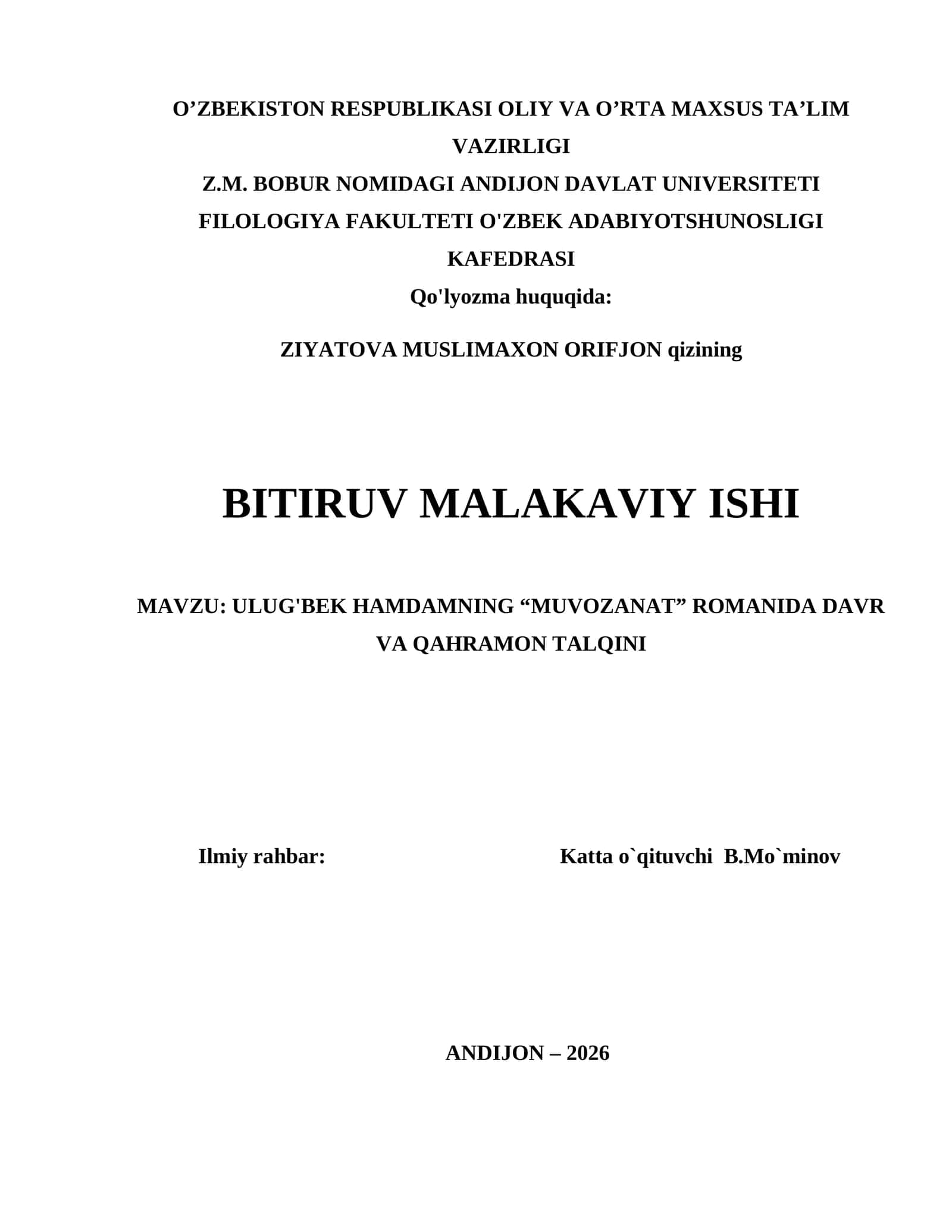ULUG'BEK HAMDAMNING “MUVOZANAT” ROMANIDA DAVR VA QAHRAMON TALQINI