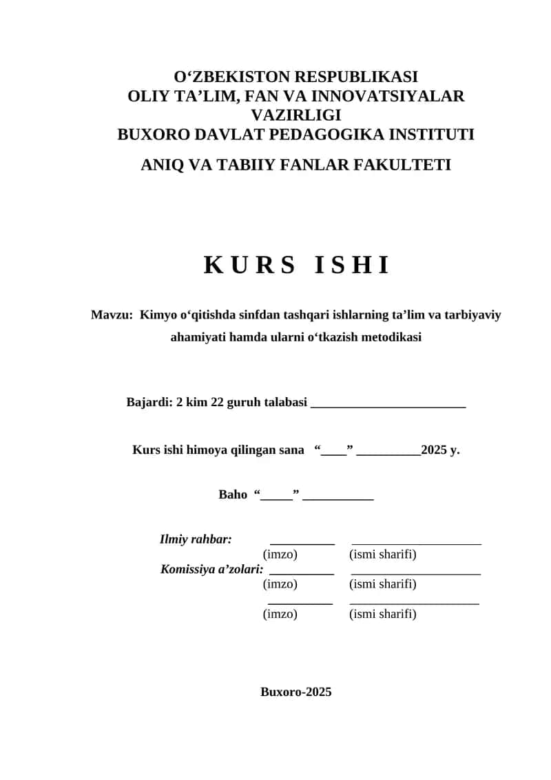 Kimyo o‘qitishda sinfdan tashqari ishlarning ta’lim va tarbiyaviy ahamiyati hamda ularni o‘tkazish metodikasi