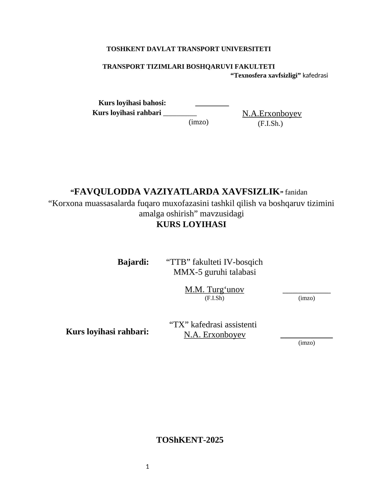 Korxona muassasalarda fuqaro muxofazasini tashkil qilish va boshqaruv tizimini amalga oshirish