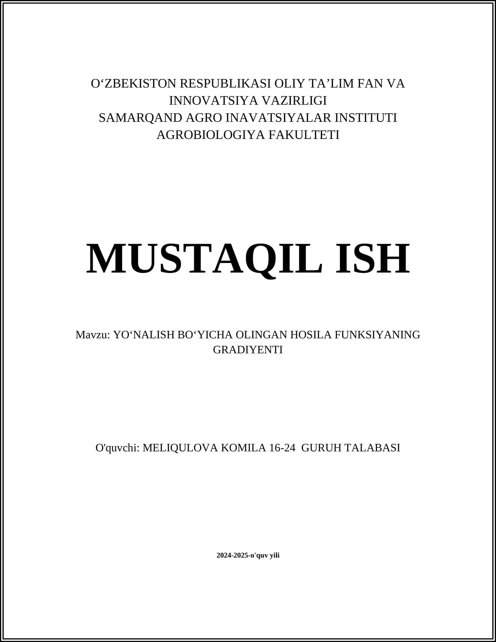 YOʻNALISH BOʻYICHA OLINGAN HOSILA FUNKSIYANING GRADIYENTI