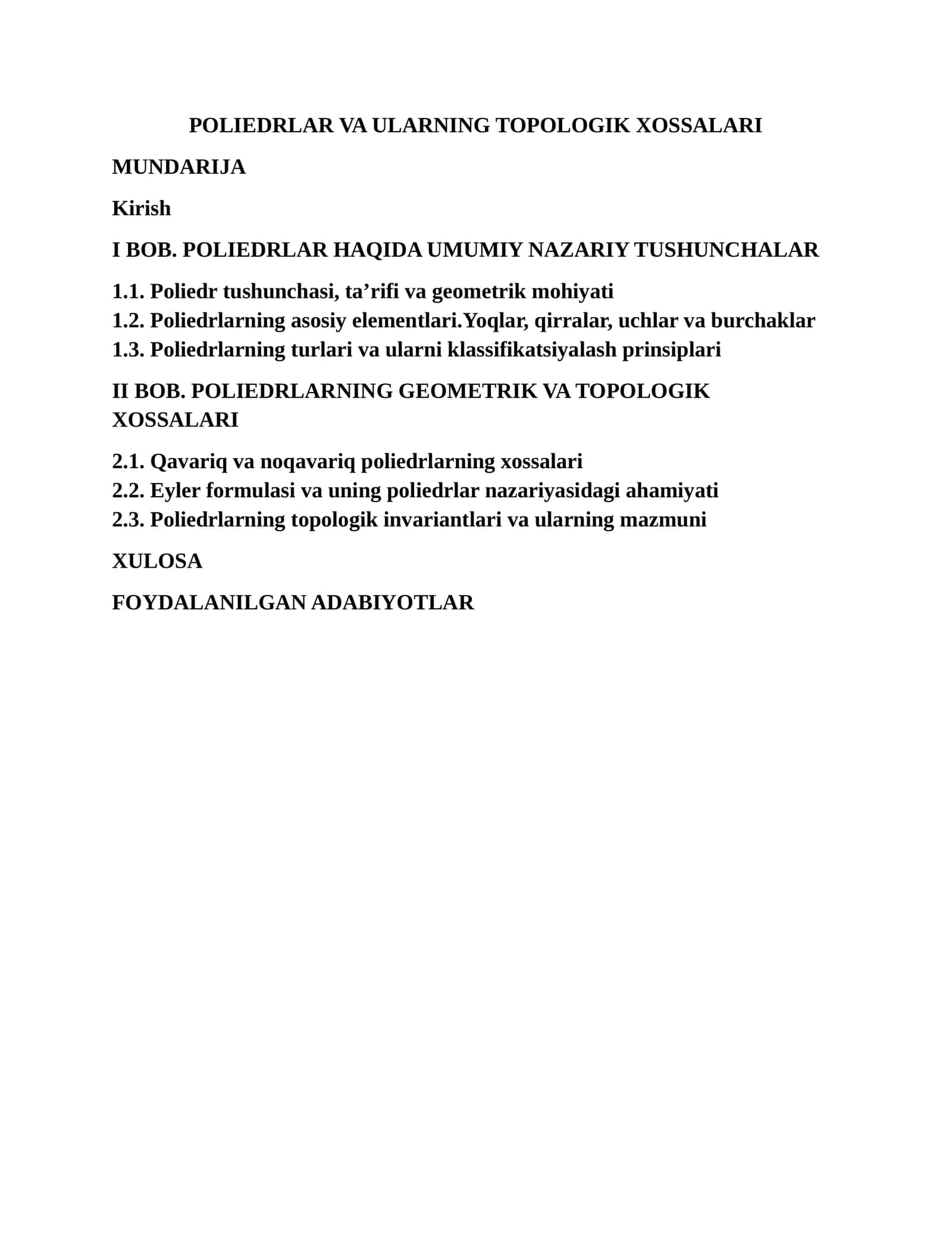 POLIEDRLAR VA ULARNING TOPOLOGIK XOSSALARI