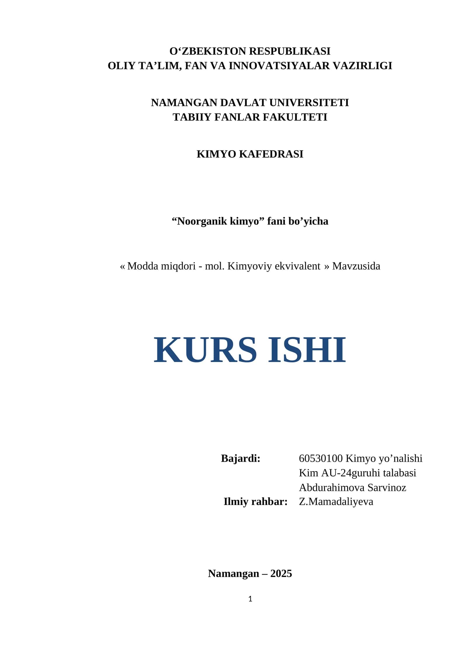 Modda miqdori - mol. Kimyoviy ekvivalent